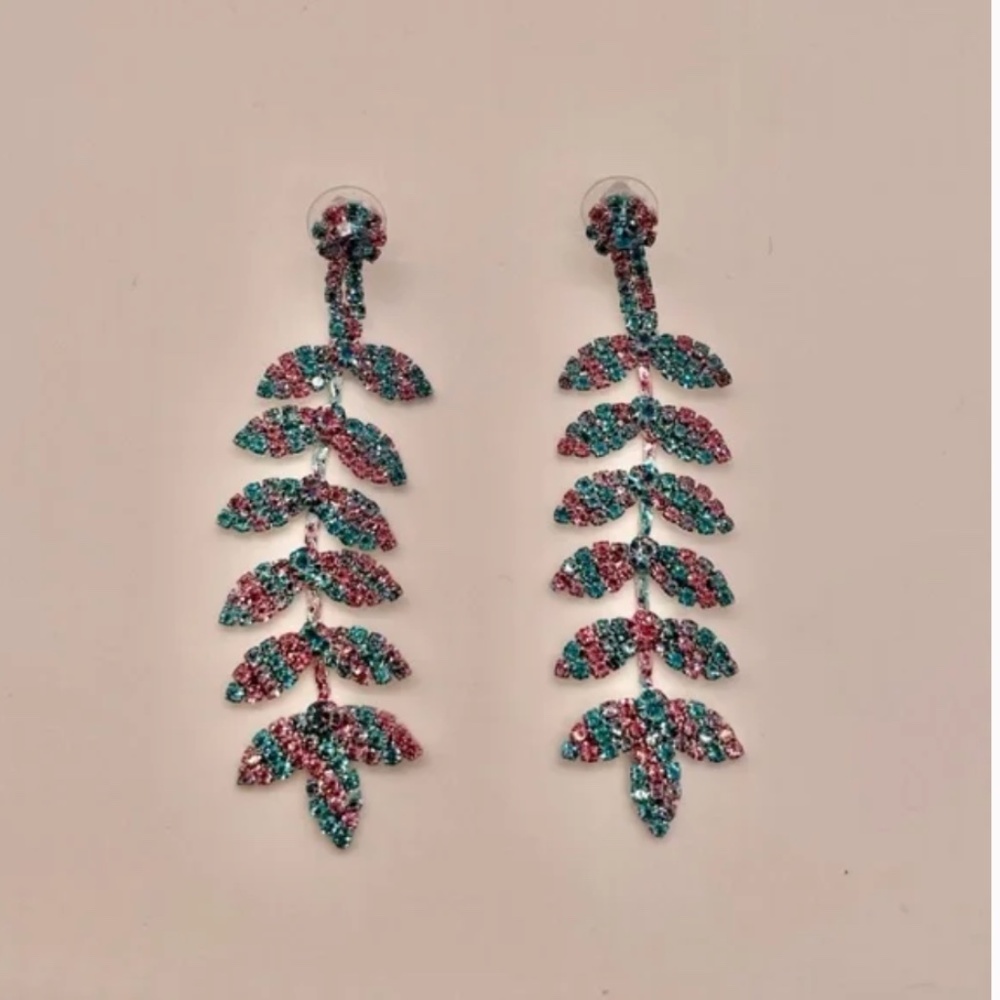 ❤️❤️ FREE Leaf Rhinestone Ombre Drop Tiered Chic Glam Party Classy Art Earrings